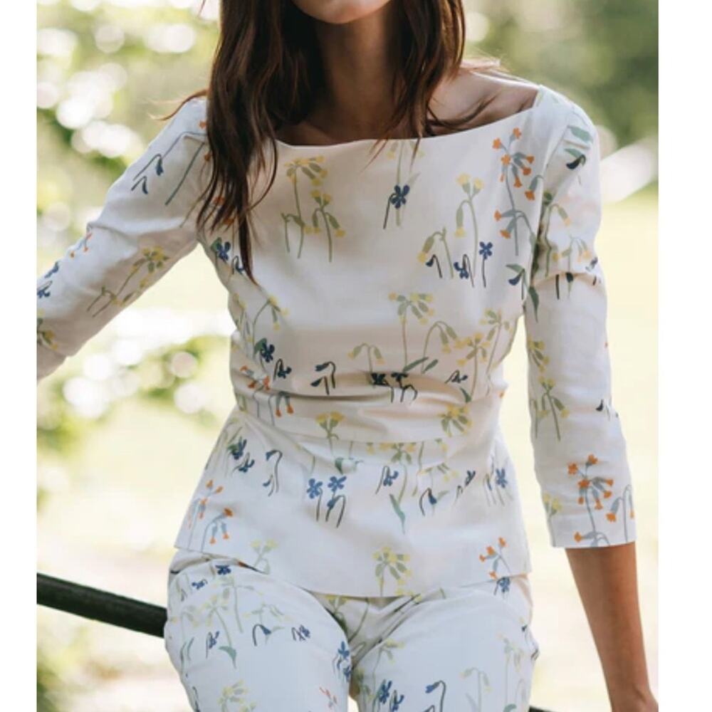 Isoude Floral Bateau Neck Peplum Top Cowslip Print EUC